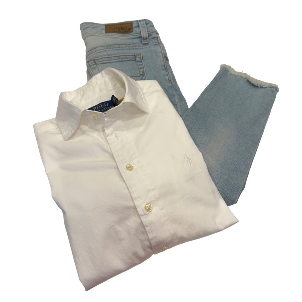 Ralph Lauren Girls 2 PCS Light Wash Jeans & White Button Down Shirt Sz 10